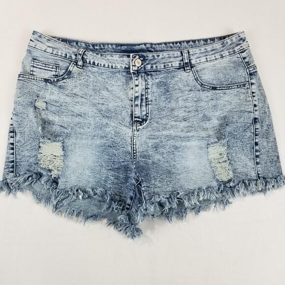 Denim Shorts Womens 2XL Light Wash Distressed Frayed Raw Hem High Rise Stretch - Picture 1 of 6